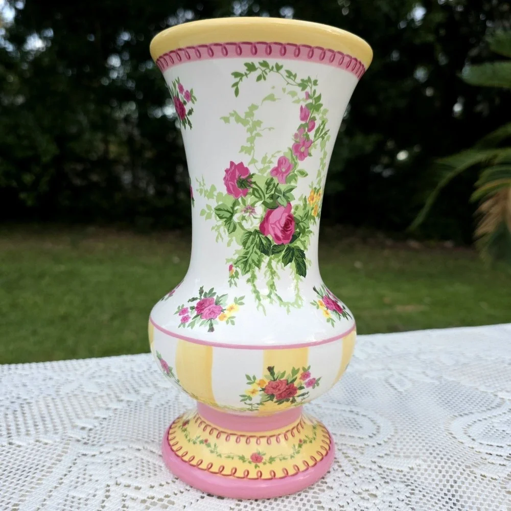 Laura Ashley Vase Cottagecore Pink Striped Shabby Chic Floral 9